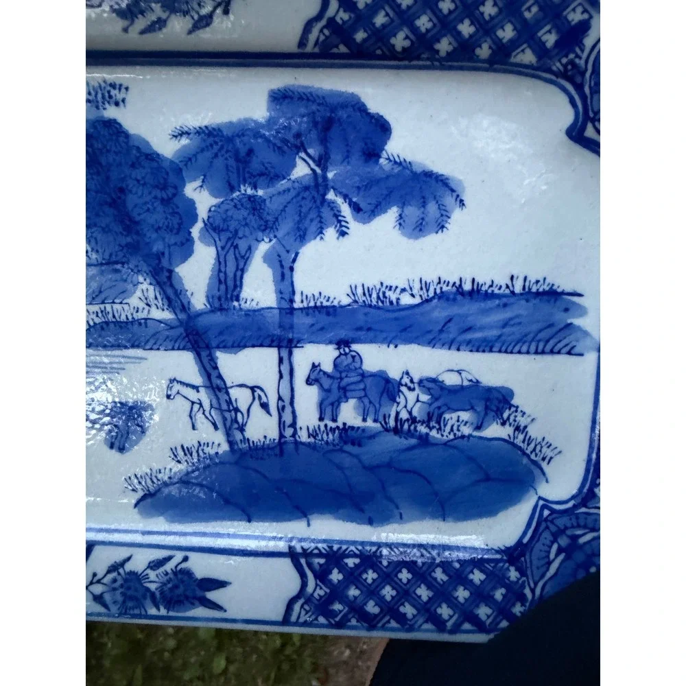 Vintage Blue + White Porcelain Rectangular Platter | Chinoiserie Horse Landscape